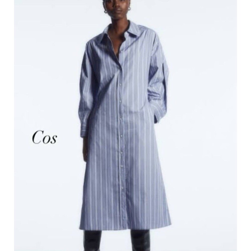 COS Cotton Midi Shirt Dress Blue White Stripe Women's US 10 Minimalist Classic